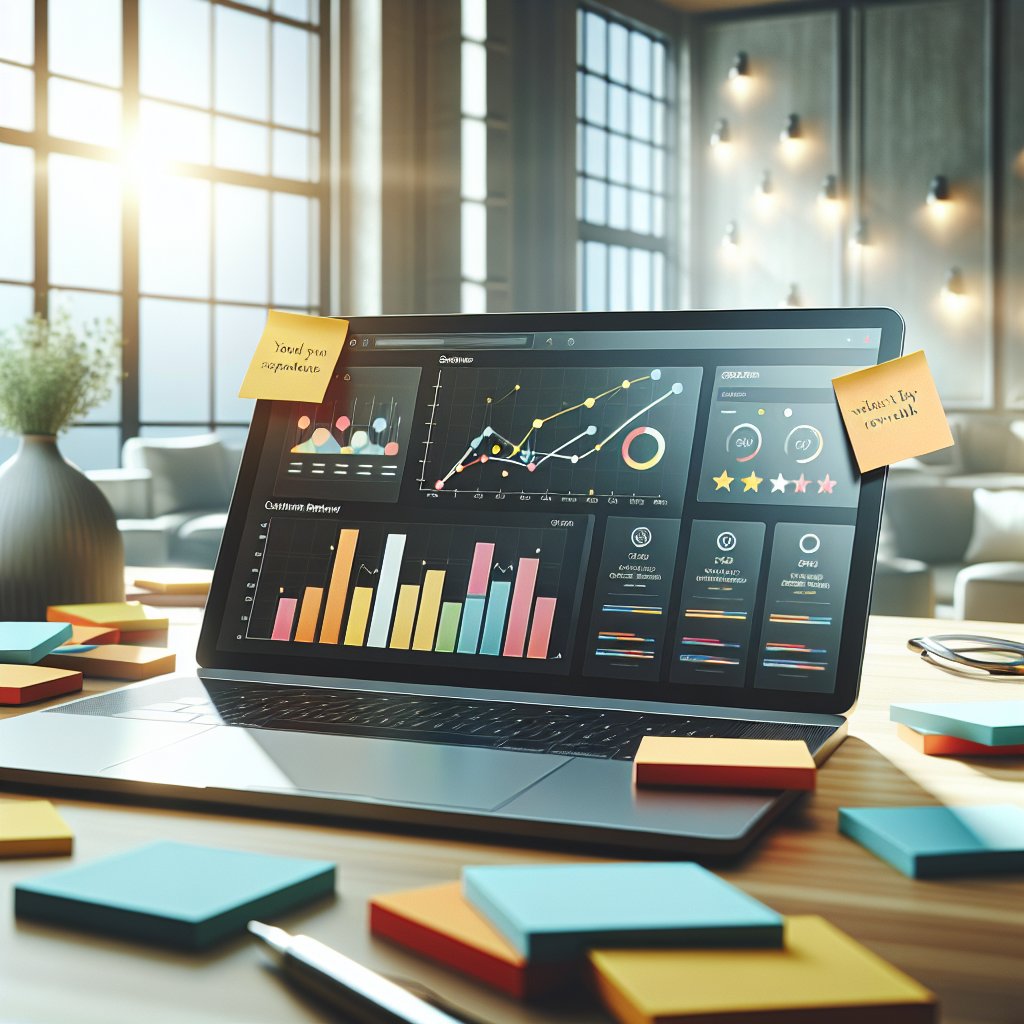 A close-up shot of workspace featuring a laptop displaying customer review analytics, surrounded by sticky notes