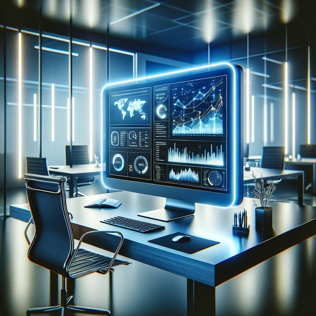 Office workspace with a glowing computer monitor displaying colorful analytics charts and optimization graphs