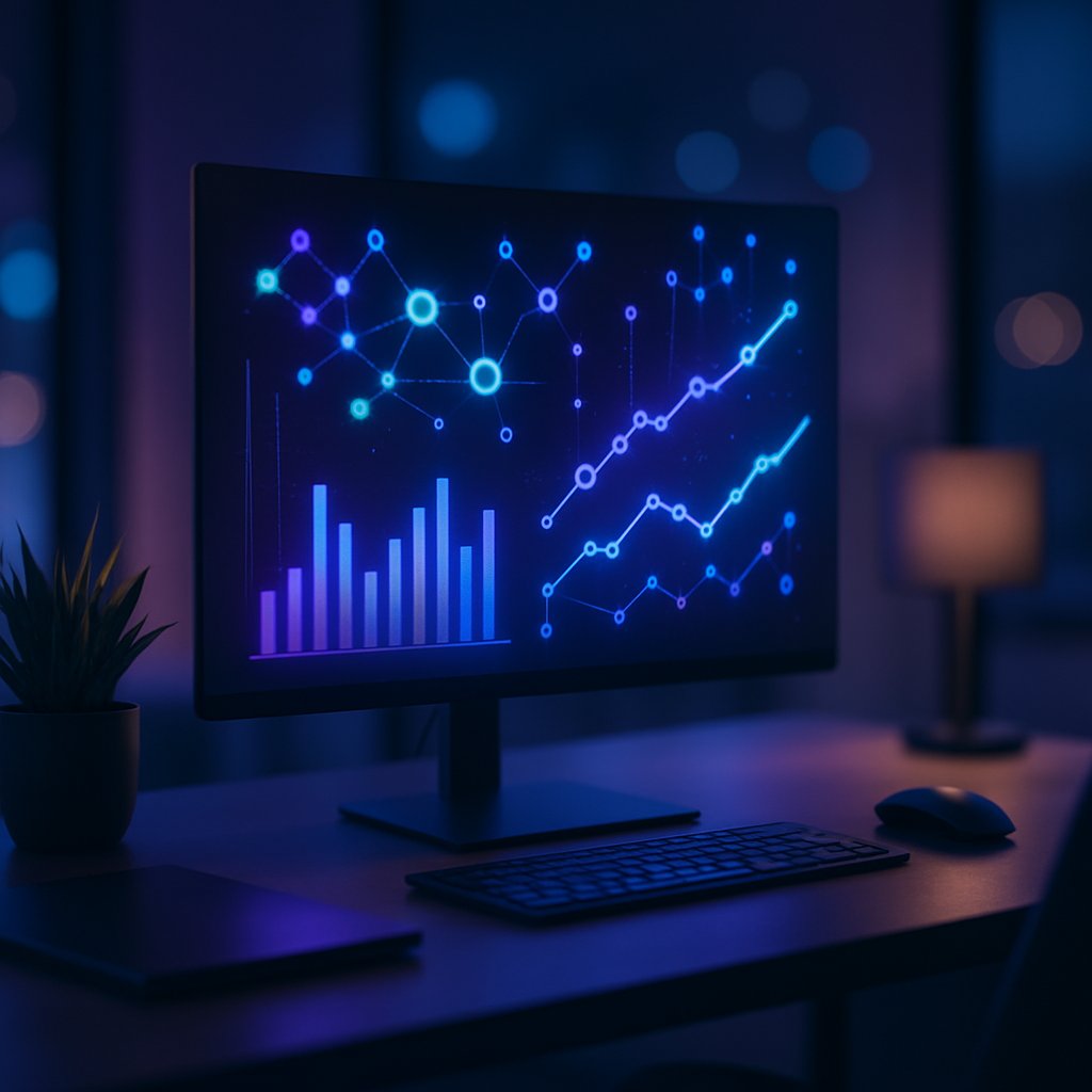 Tech workspace bathed in cool blue and purple ambient lighting, featuring an abstract data visualization display