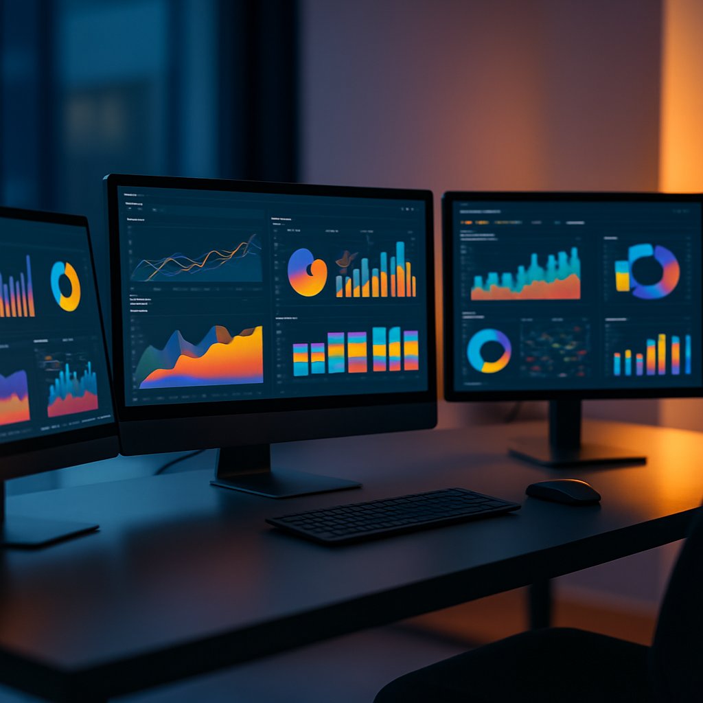 Workspace with a minimalist desk featuring multiple monitors displaying colorful analytics dashboards and data