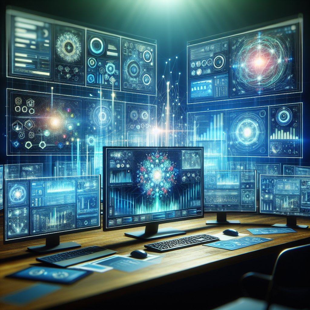 A sleek, workspace showing multiple computer monitors displaying colorful data analytics dashboards and performance