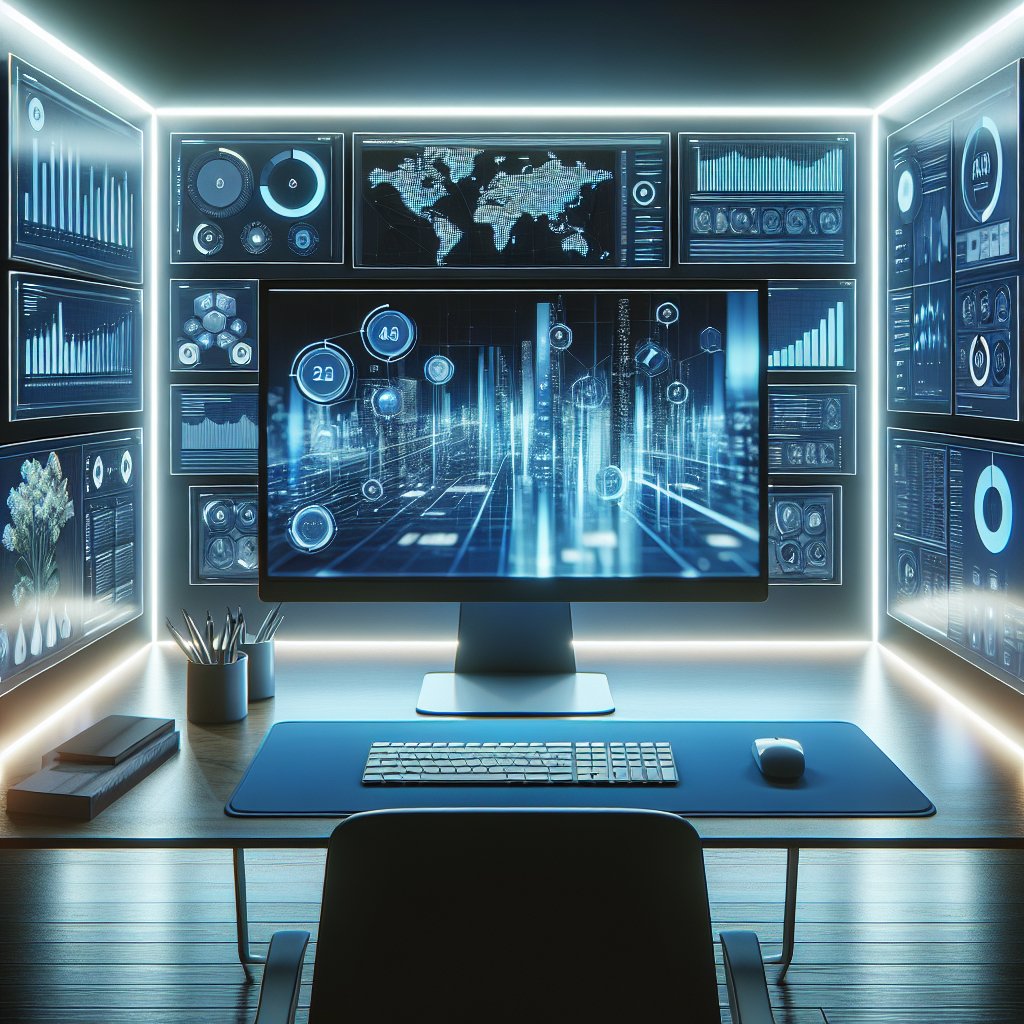 Workspace with desk displaying multiple computer monitors showing analytics dashboards and website performance metrics