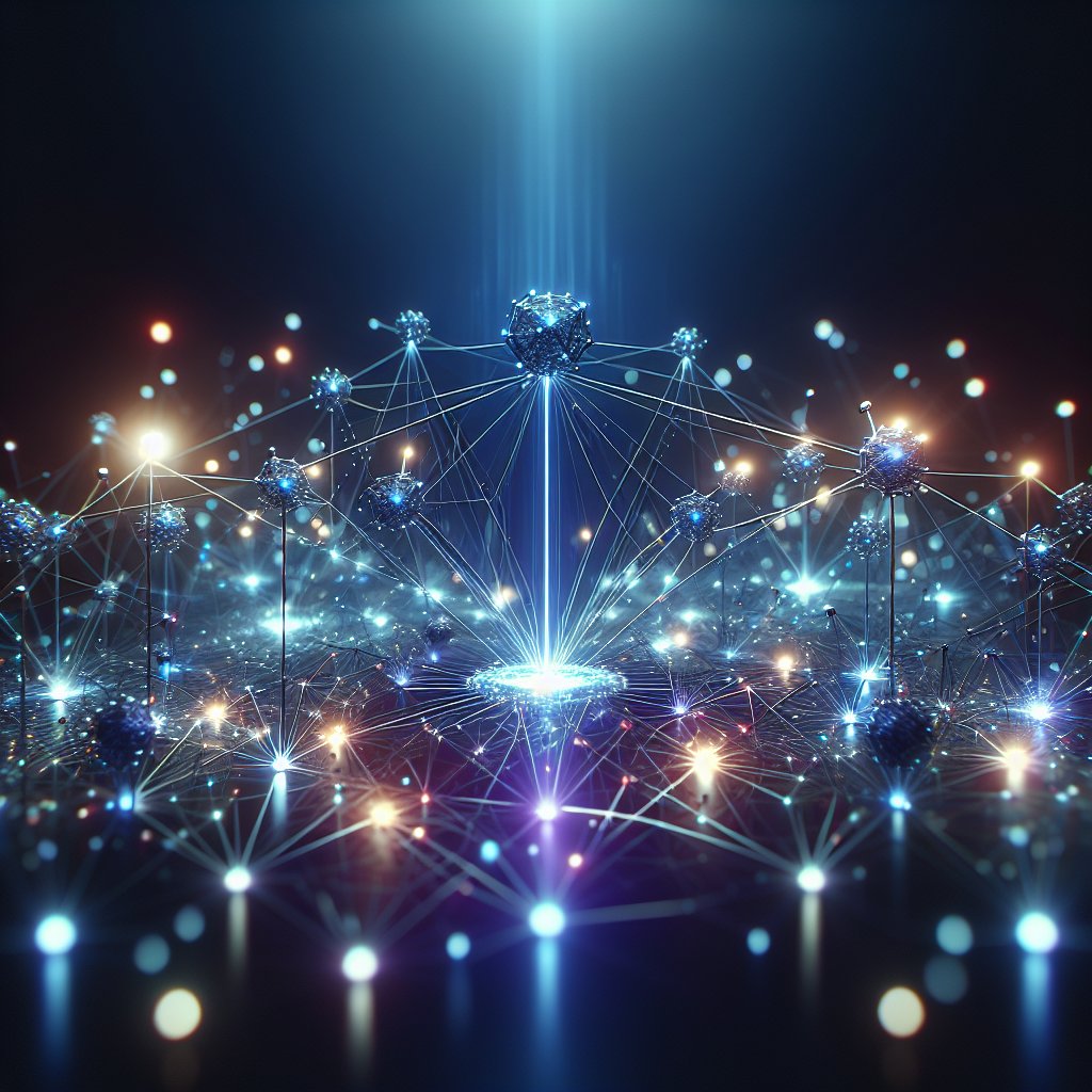 Network visualization showing interconnected nodes and glowing links spreading outward from a central digital hub, set
