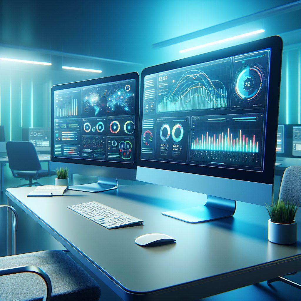 Workspace with multiple computer monitors displaying colorful analytics dashboards and performance charts, bathed