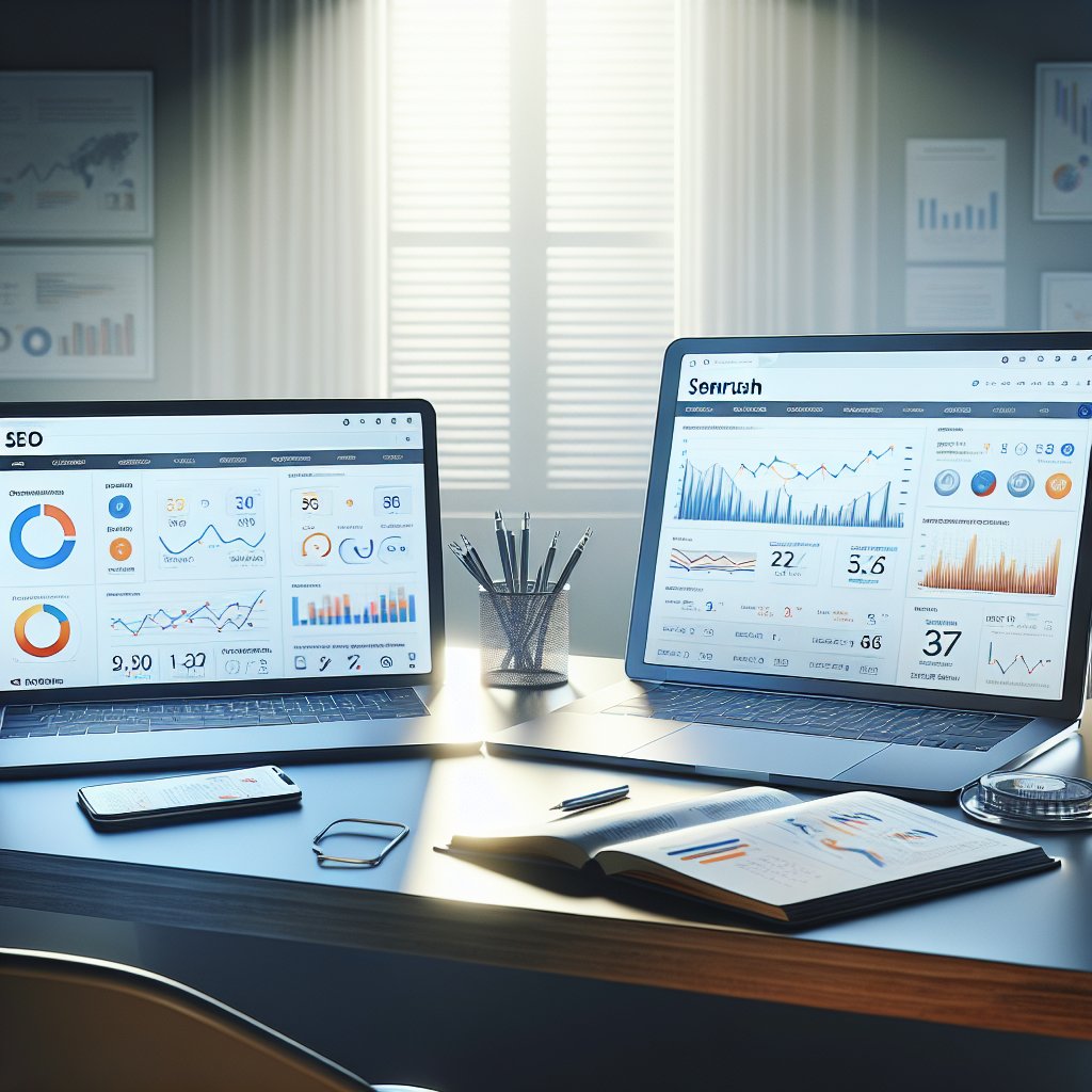 A professional workspace featuring two laptops side by side, one displaying an SEO dashboard and
