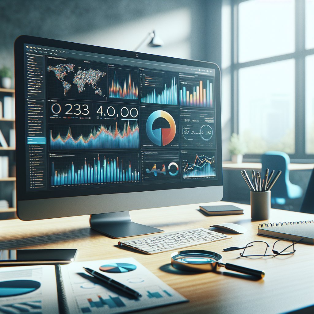 Workspace with a computer monitor displaying colorful analytics graphs and SEO metrics, surrounded by scattered notes