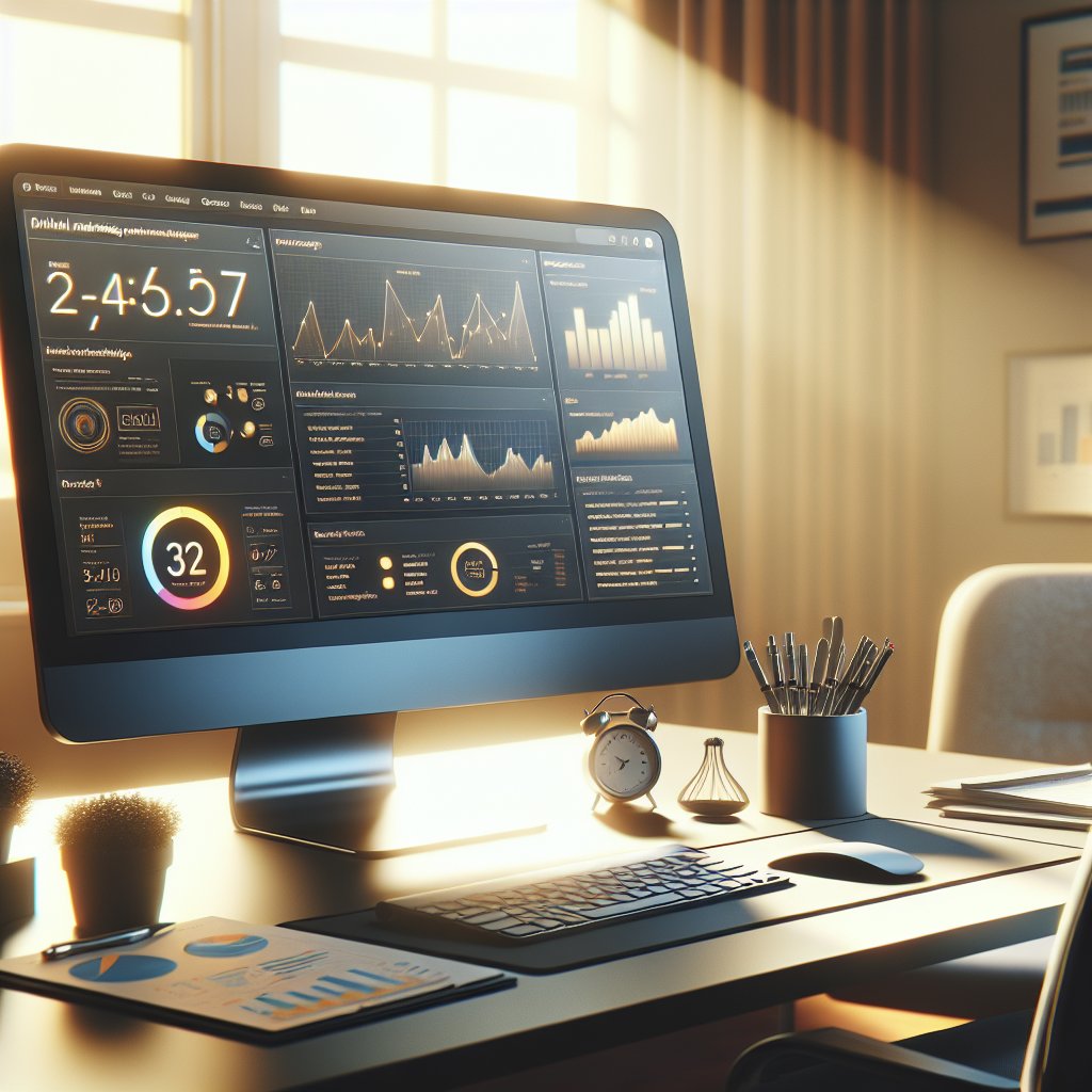 Workspace featuring computer monitor displaying analytics dashboards and search rankings, surrounded by marketing