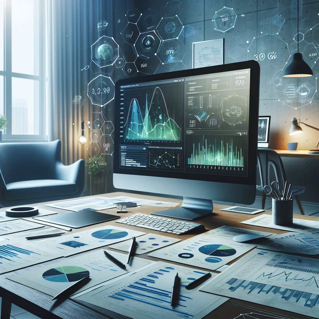 Workspace with computer monitor displaying colorful analytics graphs and SEO metrics, surrounded by scattered papers