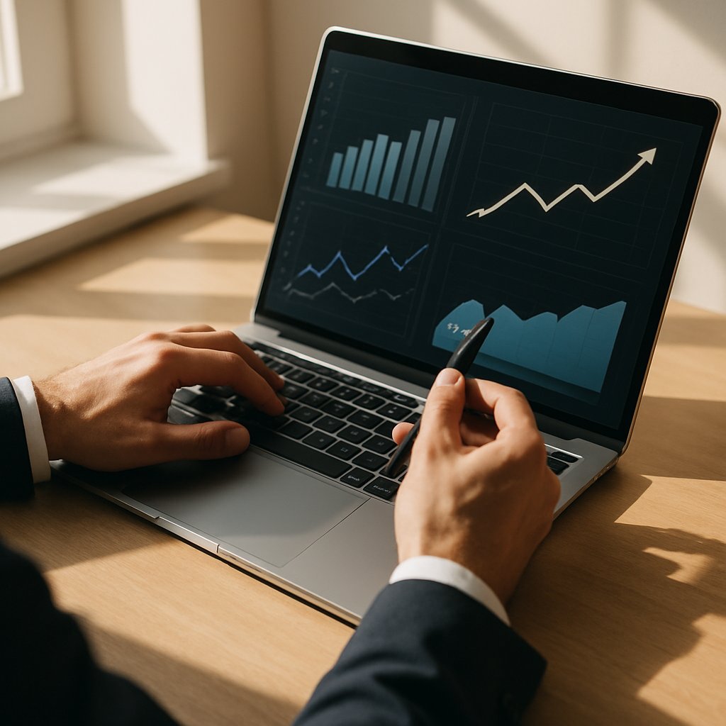 Businessman's hands analyzing financial charts and growth graphs on laptop screen in a bright, minimalist office
