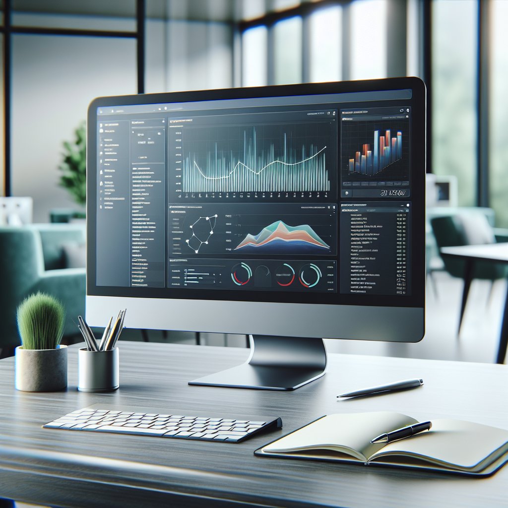 Workspace with computer monitor displaying colorful analytics graphs and keyword data visualizations, surrounded