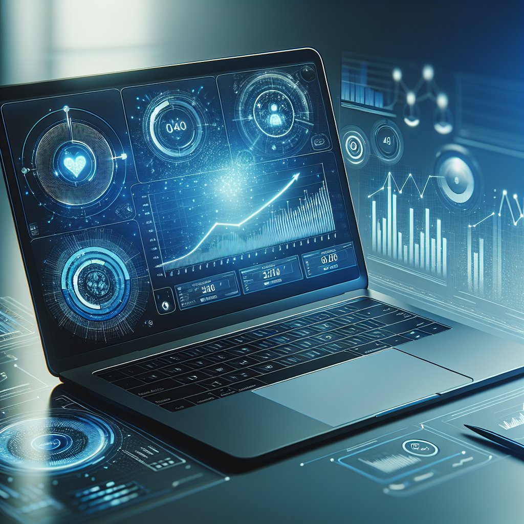 Workspace with laptop displaying analytics dashboards and AI interface elements, surrounded by subtle digital