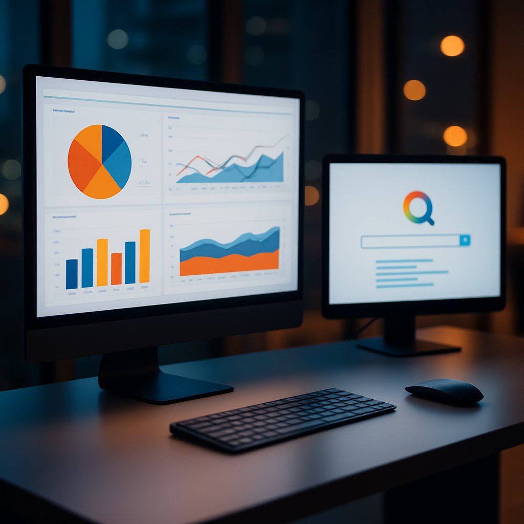 Workspace featuring desktop setup with multiple monitors displaying colorful analytics dashboards and search engine