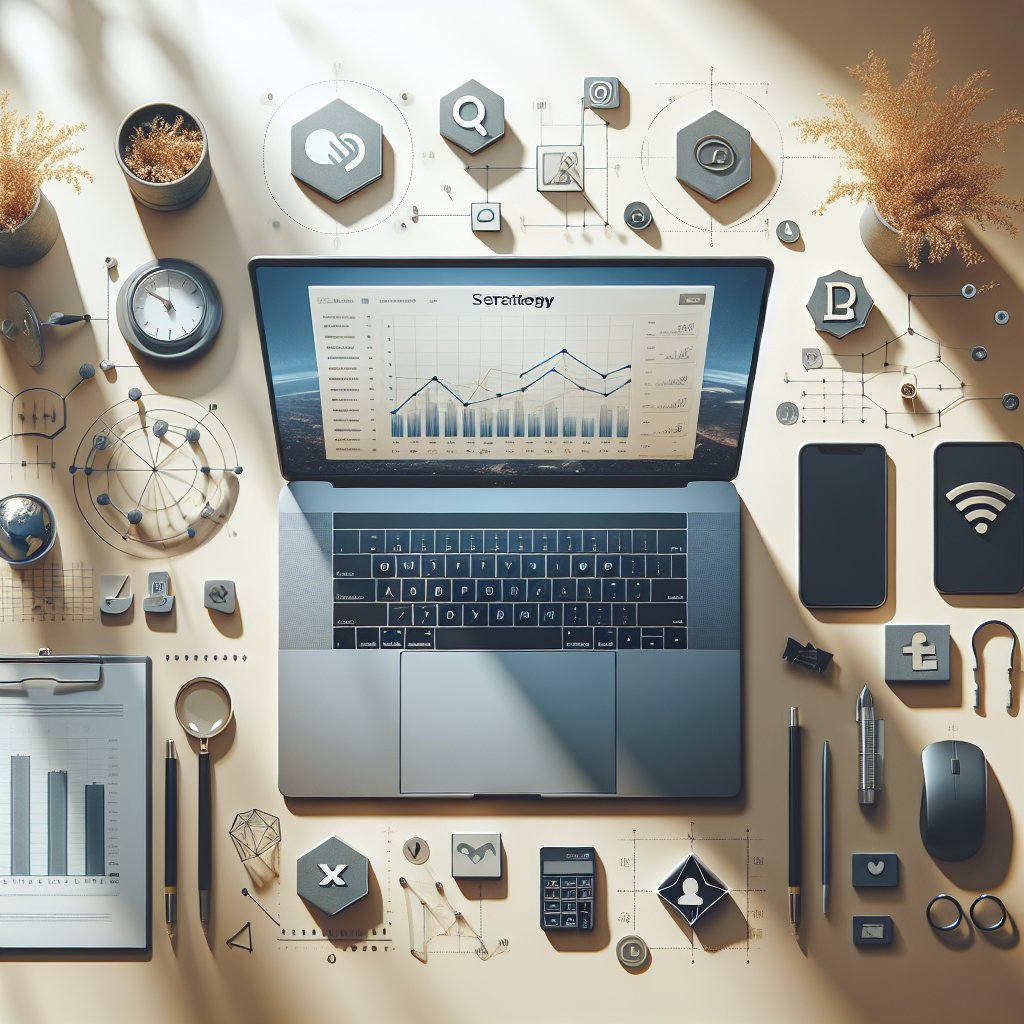 Flat lay composition featuring laptop displaying analytics graphs, surrounded by social media icons and digital